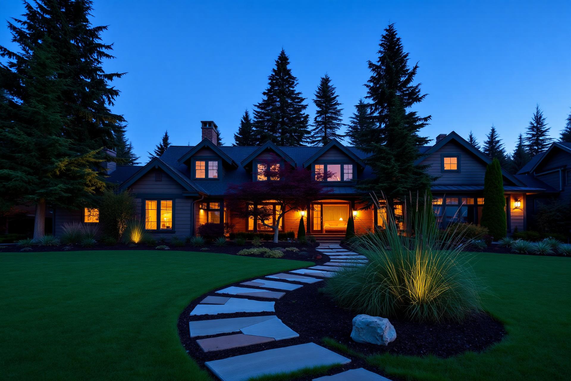 Landscaped Bainbridge Island home with layered gardens at dusk